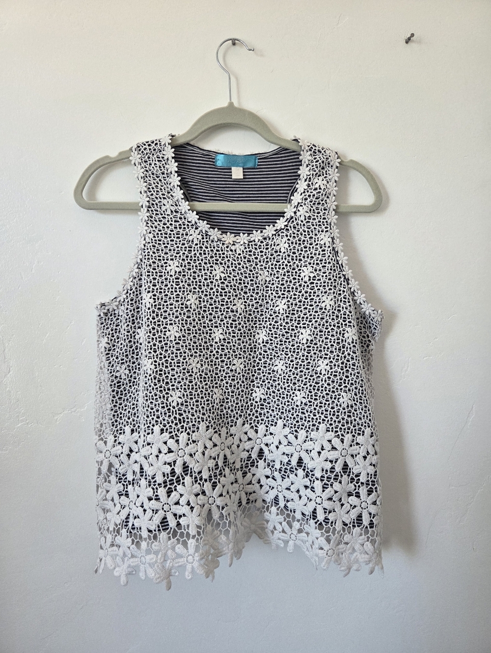 Buttons Floral Eyelet Lace Striped Camisole Top Blue White Boho Beach Nautical M
